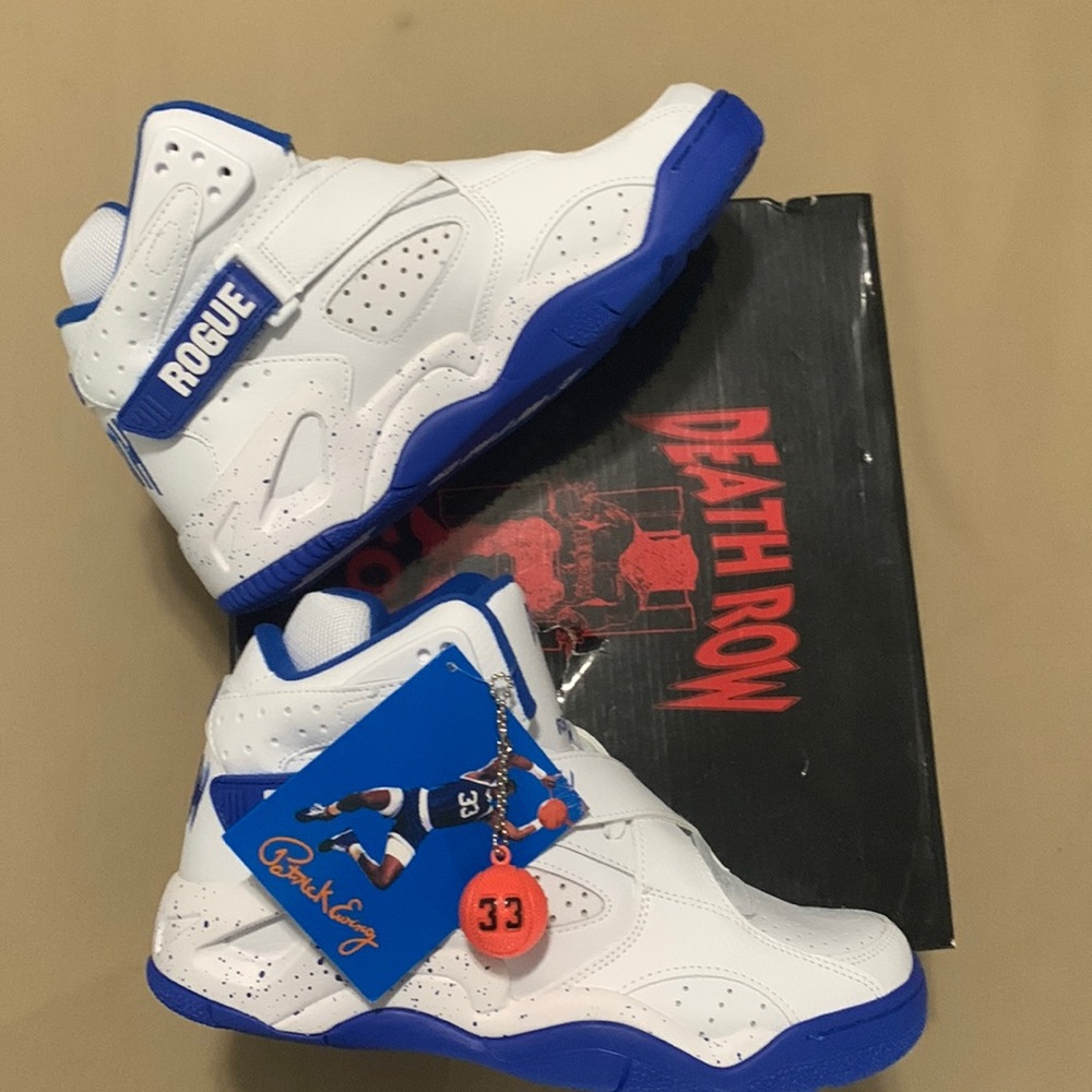 Ewing Rogue X Death Row, Size 9 1/2, white/royal blue, with mini basketball